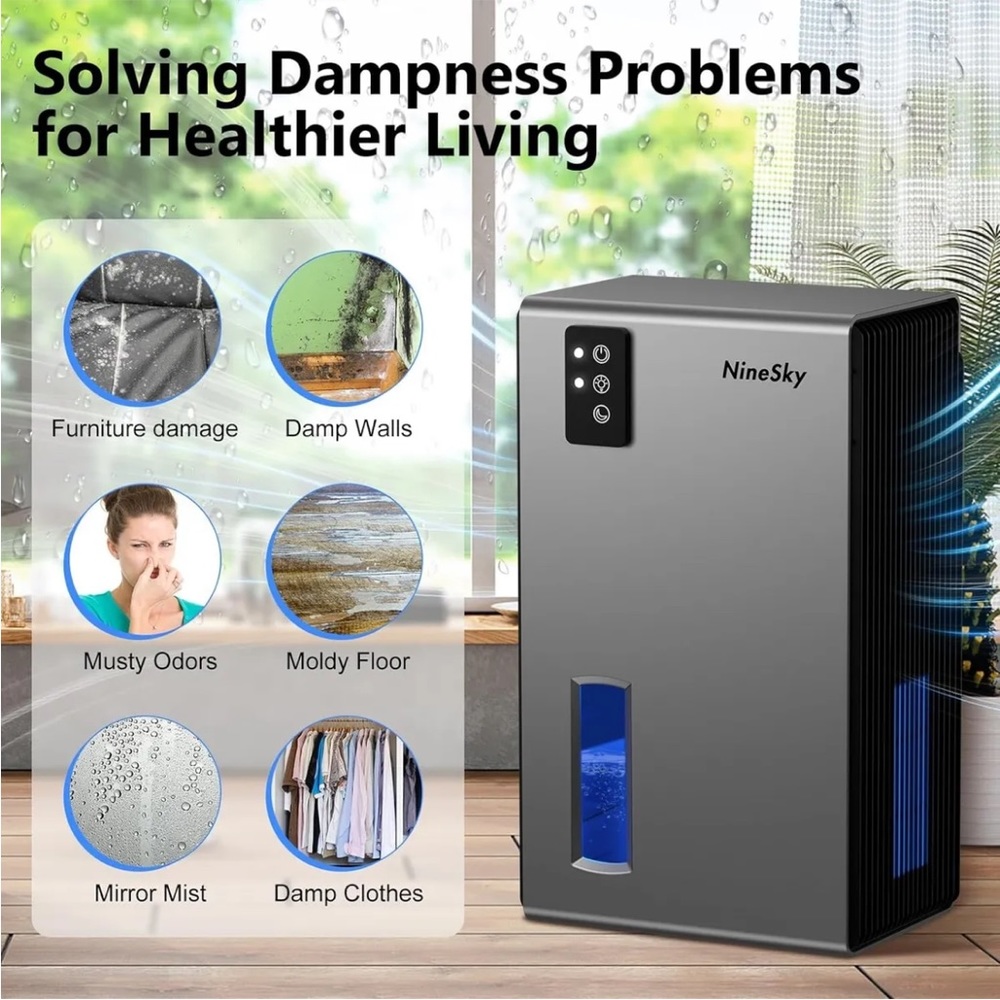 NineSky CT2 Gray Corded Electric Night Mode Odor Removal Dehumidifier 95OZ